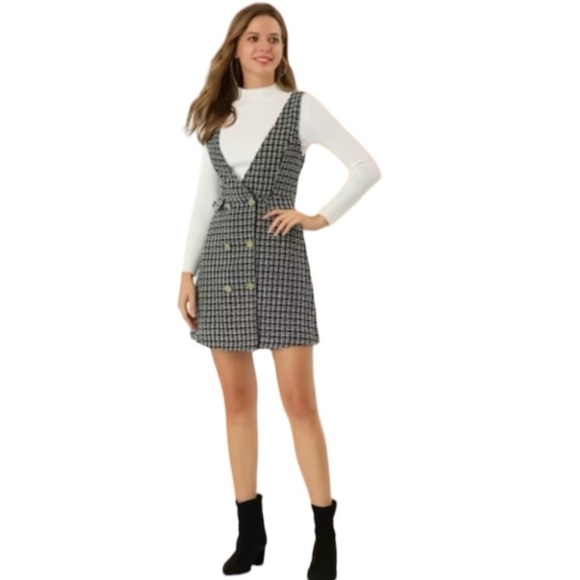 Allegra K Pinafore Mini Jumper School Girl Plaid Double Breast Y2K Preppy Small - Picture 15 of 16